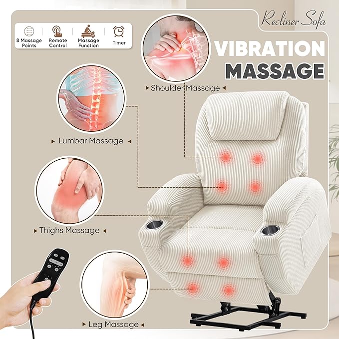 VICTONE Electric Power Lift Recliner Chair for Elderly Reclining Sofa for Living Room with Massage, Side Pockets and Cup Holders (Corduroy, Beige)
