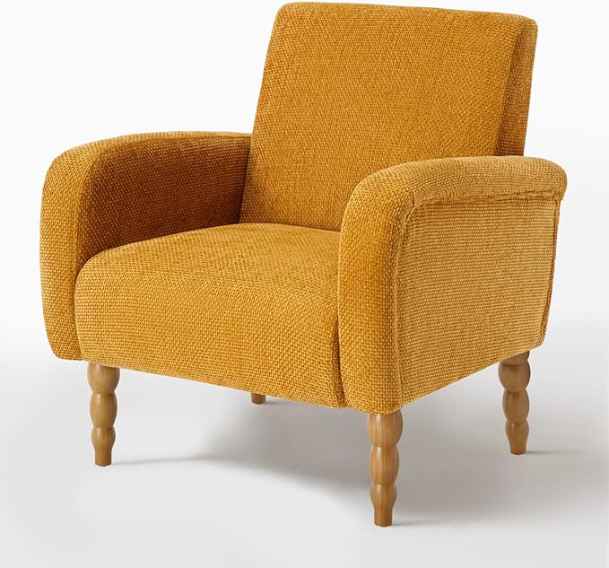 Accent Armchair Set of 1, Mid-Century Modern Living Room Chairs with Gourd-Like Shape Wooden Legs, Chenille Upholstered Single Sofa Reading Chair for Living Room Bedroom Guest Room,Yellow