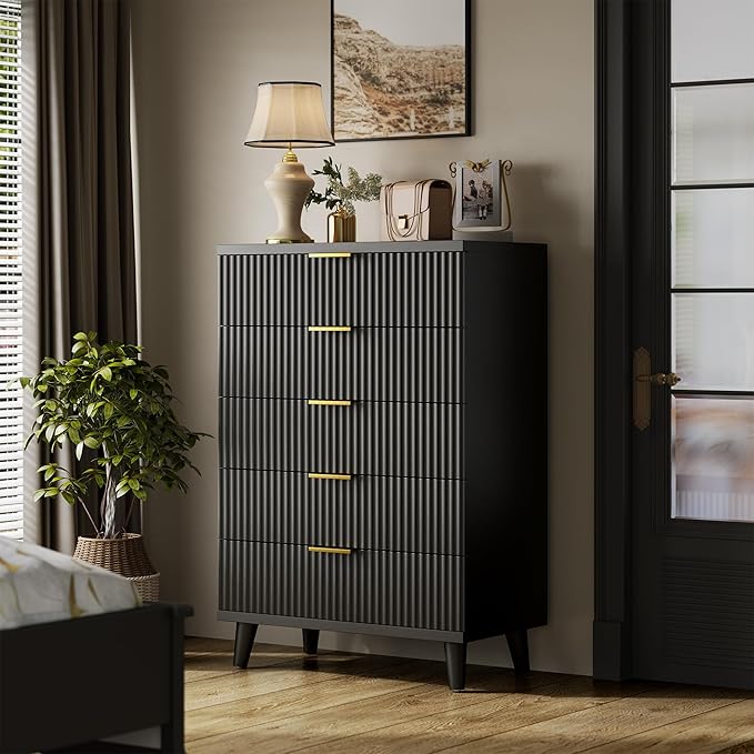 Lulive Black Dresser for Bedroom Wood Tall Dressers Drawers, Fluted Modern Dresser 5 Drawers Black