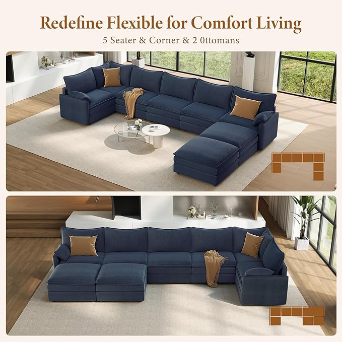 Vesgantti Large Modular Sectional Sofa, Big Comfy Cloud Couch with Ottoman Deep Seat Chenille Cloud Sofa, 8 Seater Large Sectional Couches for Living Room, Bedroom and Apartment, Blue