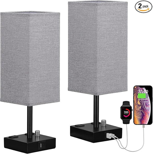 Gray Fully Dimmable Nightstand Lamps Set of 2 - Table Bedside Lamp with USB C+A Charging Ports & 2 AC Outlets, Square Lamp Sets Linen Fabric Shade for Bedroom Living Room(Bulb Included)