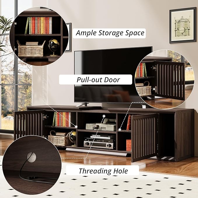 IRONCK TV Stand for TVs up to 75 Inches, Adjustable TV Stands for Living Room, Corner Entertainment Center with Open Storage Shelves, Dark Walnut