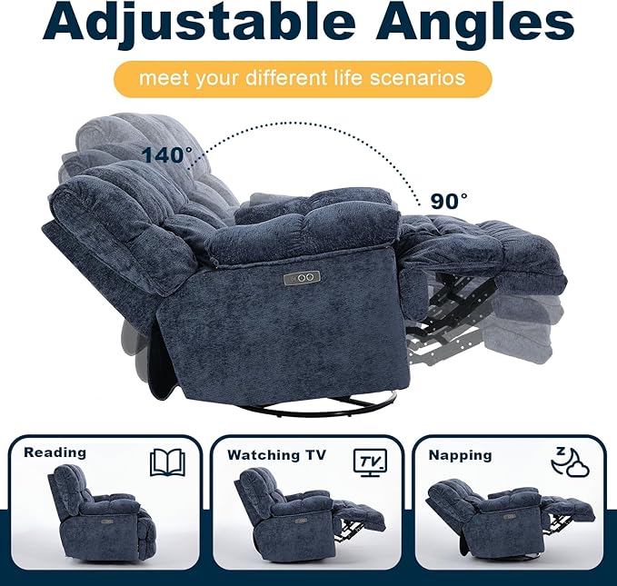 GINGO Power Oversized Recliner Chair, Extra Wide Swivel Rocking Recliner Chair, Breathable Soft Fabric Modern Single Sofa for Living Room, 90°-140° Electric Adjustable Angle, USB & Type-C Port, Blue