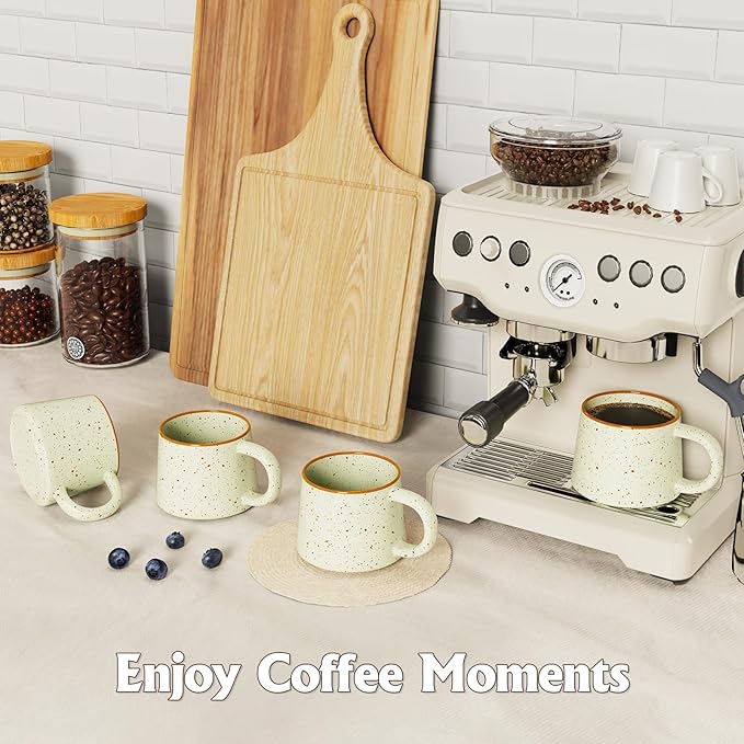 12 oz Coffee Mugs Set of 4, Modern Stackable Coffee Cups Set for Latte, Hot Tea, Cappuccino, Ceramic Coffee Mug Tea Cup, Dishwasher & Microwave Safe, Housewarming Wedding Present (Beige)