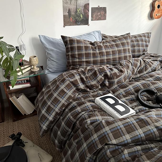mixinni Vintage Blue & Brown Buffalo Plaid Comforter Set Twin XL Size - 3-Piece Washed Cotton Soft Geometric Checkered Pattern Bedding Set for All-Seasons Lightweight & Breathable-Twin XL Size
