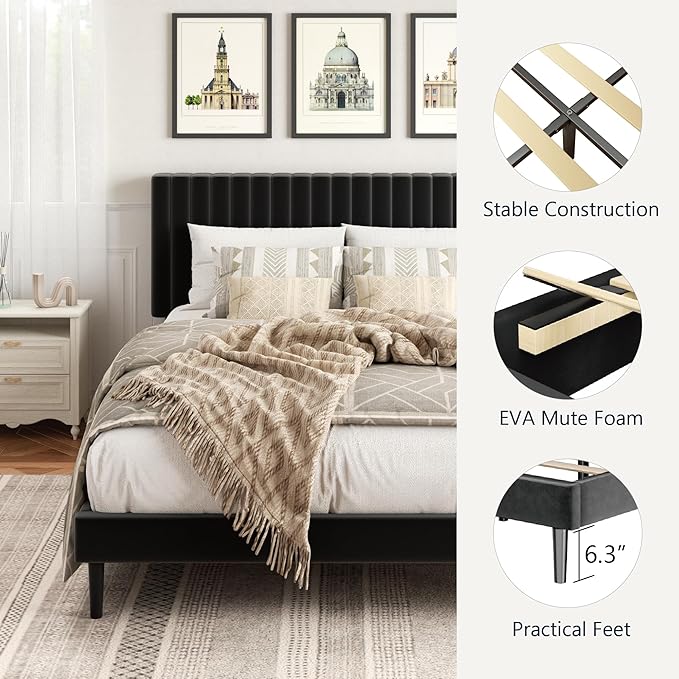 Queen Size Platform Bed Frame with Velvet Upholstered Headboard, Queen Bed Frame with Strong Wood Slats, Box Spring Optional, Mattress Foundation, Easy Assembly Black