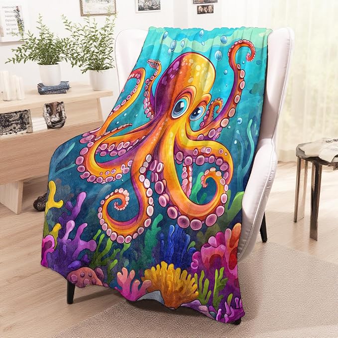 Funny Octopus Blanket, Cozy Flannel Cute Cartoon Octopus with Coral Throw Blanket for Couch Outdoor, Plush Soft Lightweight Travel Blankets for Bed Decor & Gifts, for Women Adults Kids 60"x80"