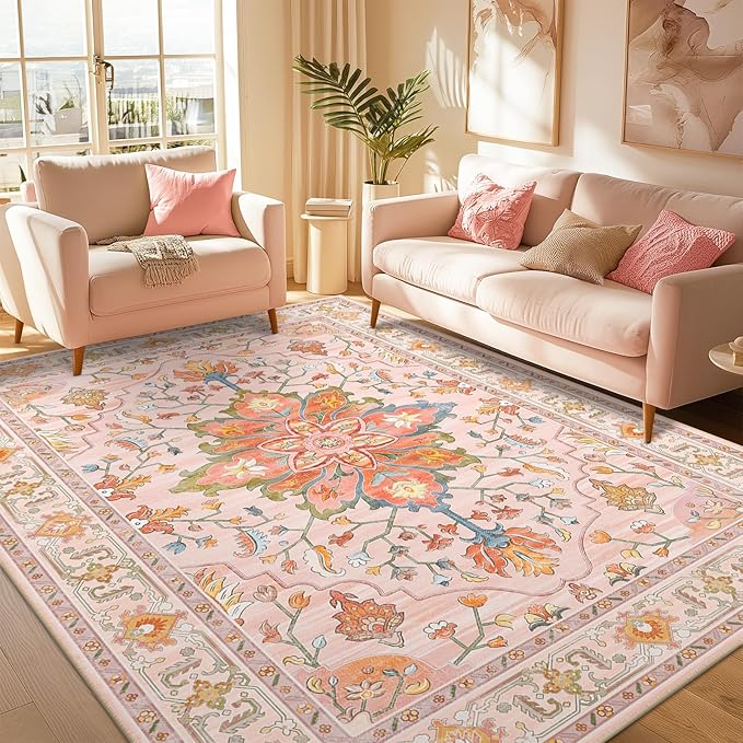 Area Rugs 5'x7' Washable Non-Slip, Floral Vintage Distress Print Pattern Medallion Carpet for Living Room Bedroom Dining Room, Light Pink Colorful