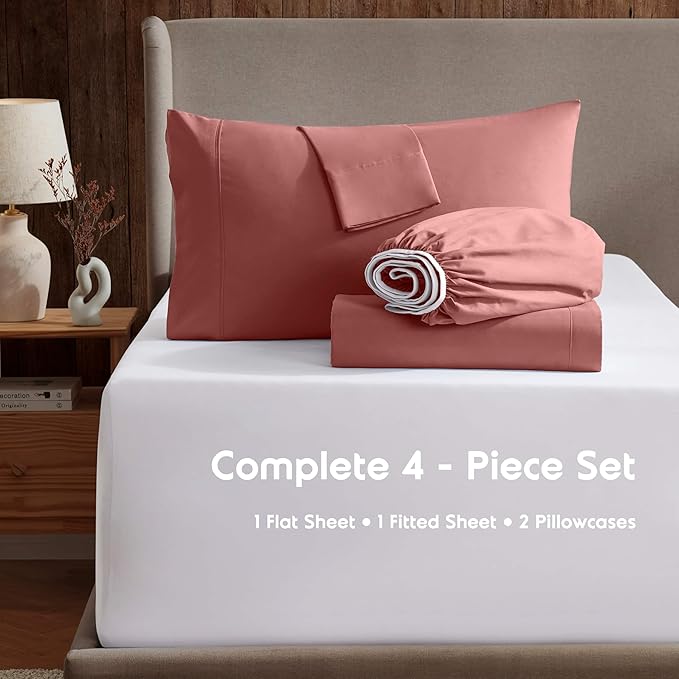 Nestl King Sheet Set - Luxury 1800 Ultra-Soft Microfiber King Bed Sheets - Double Brushed - Deep Pockets - Easy Fit - 4 Piece Set - Bedding Sheets & Pillowcases (King, Pink Clay)
