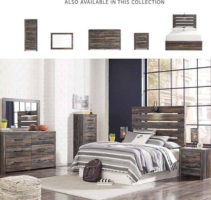 Signature Design by Ashley Drystan Rustic Full Panel Bed, Sconce LED Lights, USB Ports and Nailheads, Foundation or Box Spring Needed, Dark Brown & Gray