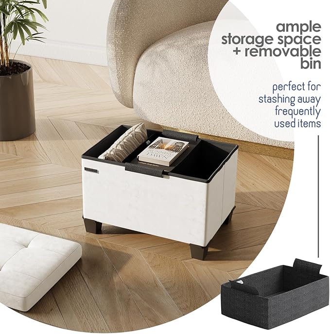 STORAGEBUD Storage Ottoman Cube with Small Bin, 16-in Square Ottoman with Storage for Living Room and Bedroom, Small Ottomans Foot Rest, Velvet Foot Stools Ottomans Max 330lbs, Cream