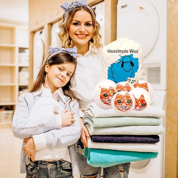 Wool Dryer Balls Organic Felt 6 Pack Laundry Fabric Softener, Extra Large Reusable Handmade Natural Sheep Wool Lint Wrinkle Free Anti Static Baby Safe (Orange Cat)