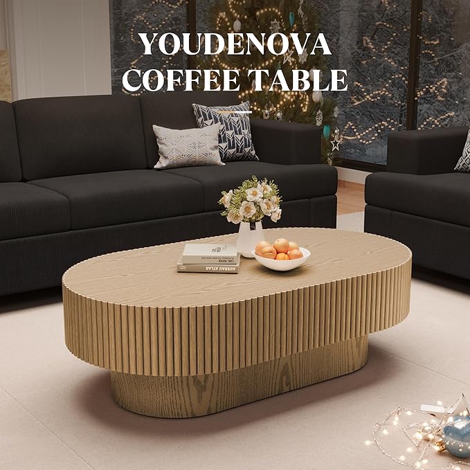 43.7” Oval Coffee Table, Modern Wood Fluted Coffee Table for Living Room, Veneer Handcrafted Relief Center Table with Sturdy Pedestal，Easy Assembly - Natural