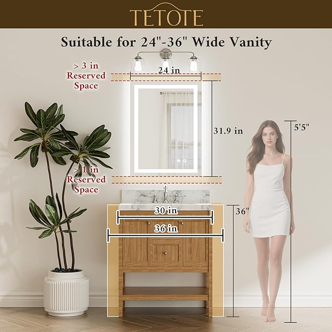 TETOTE LED Bathroom Mirror 24 x 32 Brighter Front and Backlit LED Bathroom Vanity Mirror with Lights, Frameless Lighted Anti Fog Wall Mounted Mirror, 3-Color Dimmable, Tempered Glass, Waterproof