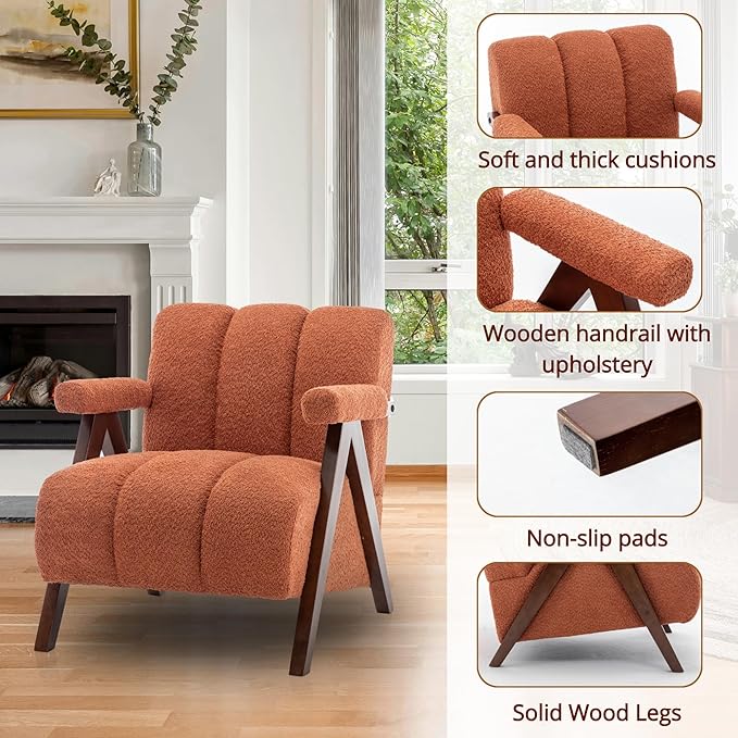 Mid Century Modern Accent Chairs Set of 2 with Solid Wood Frame, Boucle Upholstered Living Room Chairs with Thick Cushion, Comfy Tufted Arm Chair for Bedroom, Orange