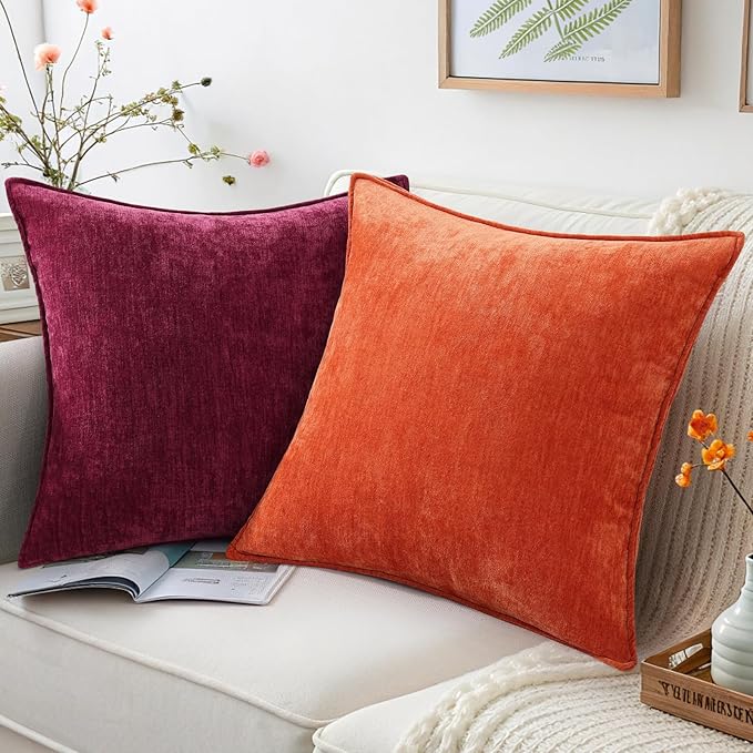 decorUhome Couch Throw Pillow Covers 16x16 Set of 2, Decorative Soft Euro Neutral Chenille Pillow Covers with Elegant Design for Sofa Bed Living Room Home Decor, Rhododendron