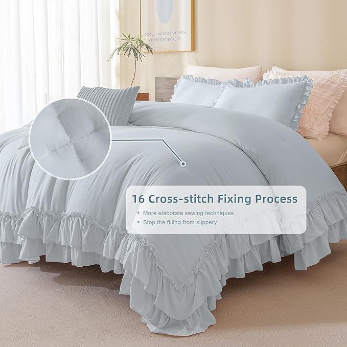Queen's House Light Blue Ruffled Comforter Set Queen Size, Lightweight Microfiber Inner Fill Fluffy Country Rustic Coquette Bedding