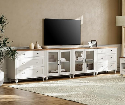 Wampat Modern TV Stand for TVs up to 110 inch, 4 in 1 Entertainment Center with Storage Cabinets and 4 Glass Door, Media Console with 6 Drawer Dresser for Living Room, White