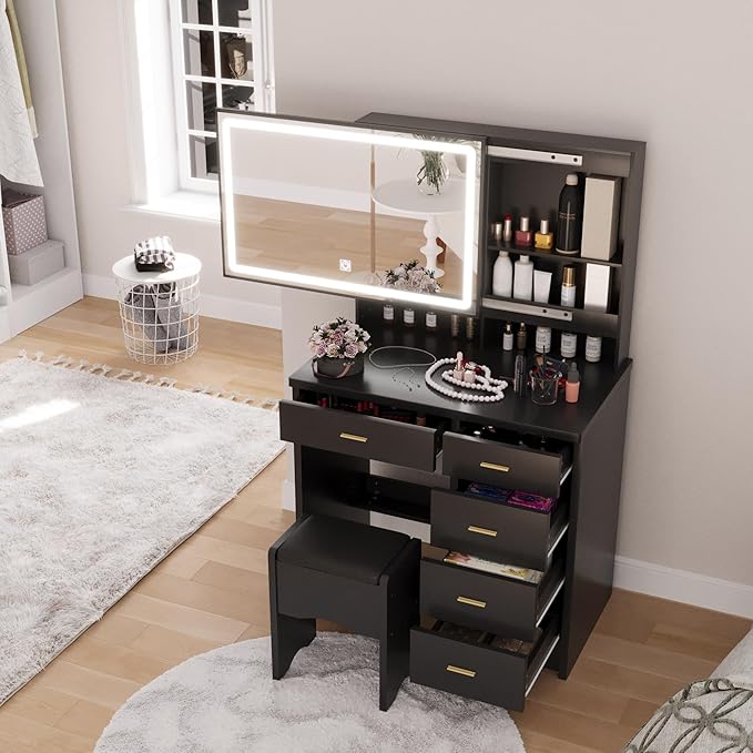 Makeup Vanity Desk with Mirror and Lights, Vanity Desk with 5 Drawers & Storage Shelves, Makeup Vanity Set with Cushioned Stool, 3 Modes Adjustable Sliding LED Mirror for Bedroom, Black