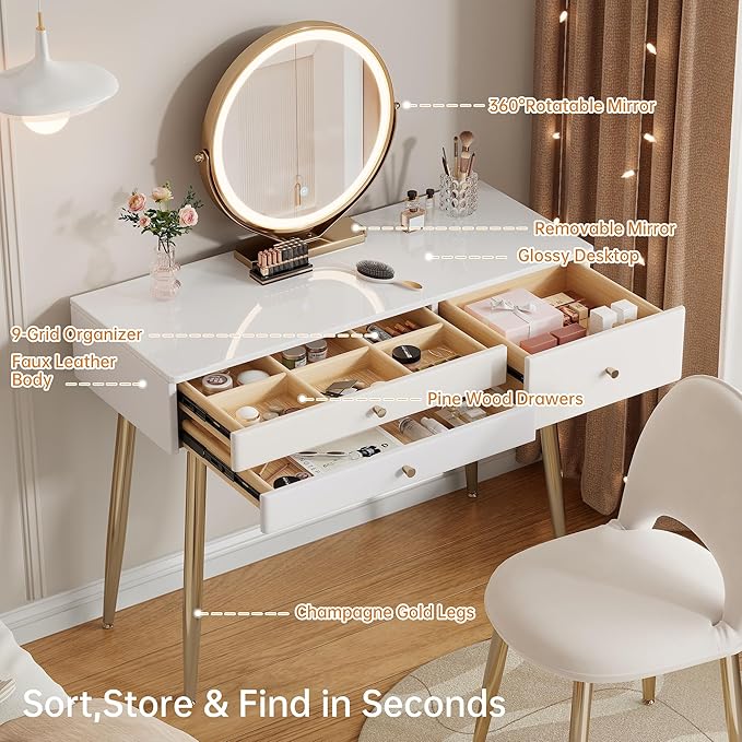 Modern Vanity Desk with Mirror and Lights| 39" Khaki Makeup Vanity Set with Adjustable Chair & Drawers| White and Gold Dressing Table for Small Spaces & Bedroom