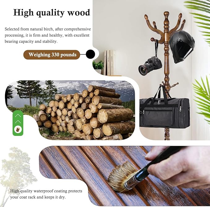 Coat Rack Stand, Solid Wooden Coat Tree with 11 Hooks, Heavy Duty Coat Rack Freestanding with Sturdy Round Base, Natural Birch Wood Coat Hanger Stand for Entryway Bedroom (brown Triangle)