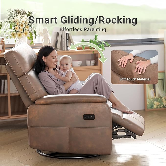 Claiks Power Swivel Rocker Recliner Chair, Oversized Recliner Chairs for Adults, Tech Cloth Overstuffed Reclining Chair with USB and Type-C Ports for Living Room, Brown