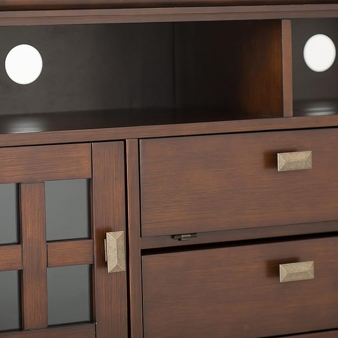 SIMPLIHOME Artisan SOLID WOOD 72 inch Wide Transitional TV Media Stand in Russet Brown For TVs up to 80 inches for the Living Room and Entertainment Center