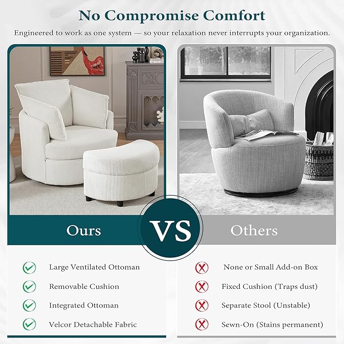 Swivel Accent Chair with Ottoman Comfy Reading Chairs for Bedroom Modern Corduroy Arm Chair 360°Swivel Barrel Chairs for Living Room,Apartment (White, 2)