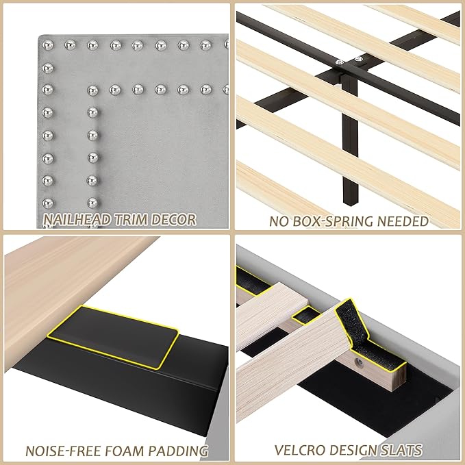 VECELO Twin Size Platform Bed Frame with Adjustable Upholstered Headboard, Strong Wood Slat Support, No Box Spring Needed, Easy Assembly