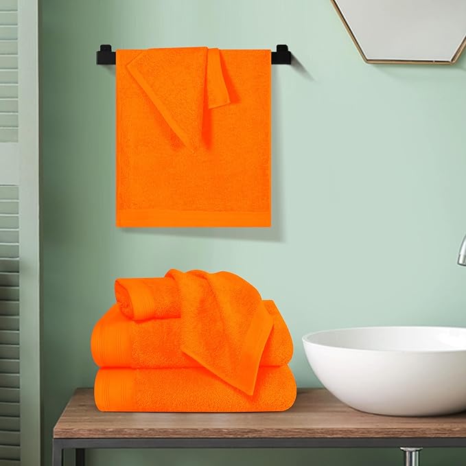 Ultra Soft 6 Pack Cotton Towel Set, Contains 2 Bath Towels 28x55 inch, 2 Hand Towels 16x24 inch & 2 Wash Coths 12x12 inch, Ideal Everyday use, Compact & Lightweight - Orange