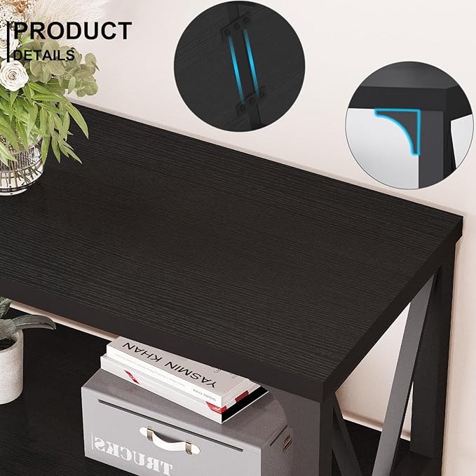 LVB Black Console Table, Modern Entryway Table with 3 Tier Storage Shelves, Industrial Sofa Table Behind Couch for Living Room, Farmhouse Wood Metal Entry Table for Hallway Foyer, Black Oak, 55 Inch