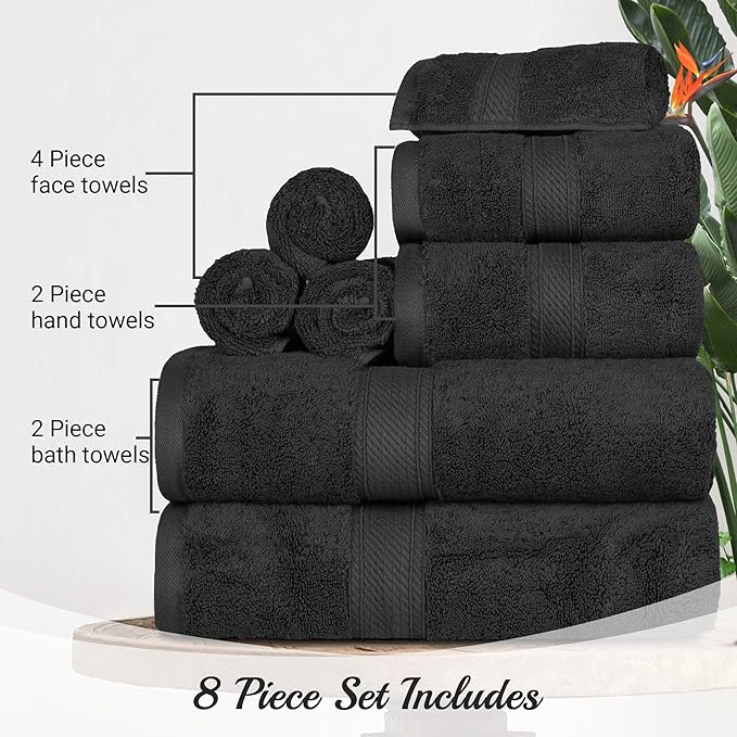 Superior Egyptian Cotton Pile 8 Piece Towel Set, Includes 2 Bath, 2 Hand, 4 Face Towels/Washcloths, Ultra Soft Luxury Towels, Thick Plush Essentials, Guest Bath, Spa, Hotel Bathroom, Black