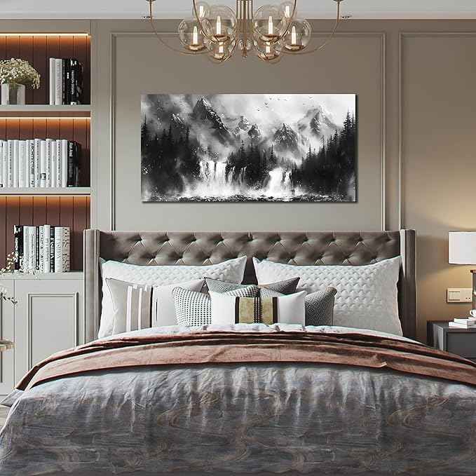 Mountain Wall Art For Office - Black And White Pictures Wall Art For Living Room - Forest Wall Decor For Bedroom Size 20" x 40"
