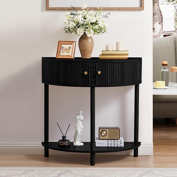 Fluted Half Moon Console Table, Modern Small Entry Table Sofa Table with Storage, Solid Wood Legs Narrow Entryway Table for Living Room, Hallway, Foyer(Black)