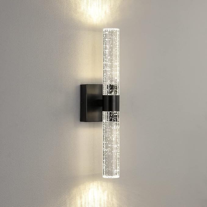 Black Modern LED Wall Sconce - 18 Inch Wall Sconces Set of Two 4000K Dimmable Crystal Sconce Wall Lighting Indoor Wall Mount Bathroom Vanity Light Fixtures for Bedroom Living Room, 12W
