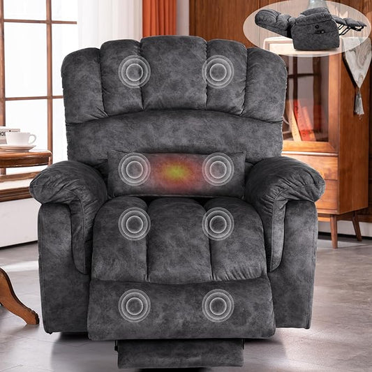 VIVIJASON Tall Man Large Dual Motor Power Lift Recliner Chair with Extended Footrest, Overstuffed Lay Flat Sleeper Electric Recliner W/Heat & Massage, Lumbar Pillow, USB & Type-C Ports, Plush Gray