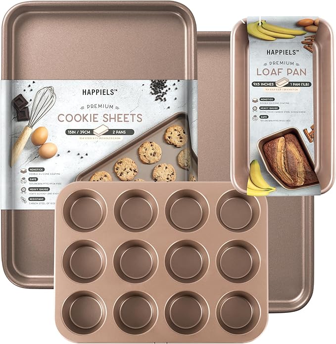 Baking Basics Premium PFOA free Nonstick Baking Pans Bundle of 4 items: 10x15 in Baking Sheets 2-Pack, Loaf Pan, Muffin Pan | Nont Toxic Quality Bakeware