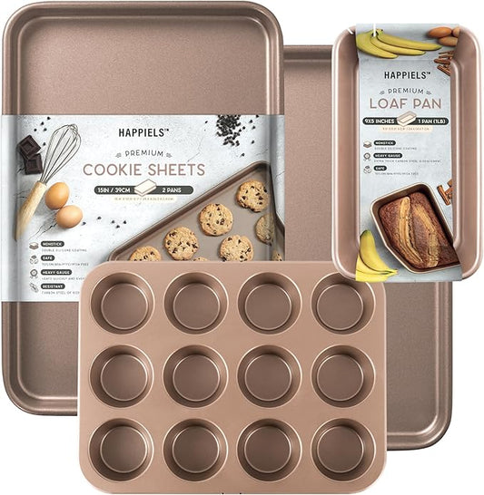 Baking Basics Premium PFOA free Nonstick Baking Pans Bundle of 4 items: 10x15 in Baking Sheets 2-Pack, Loaf Pan, Muffin Pan | Nont Toxic Quality Bakeware