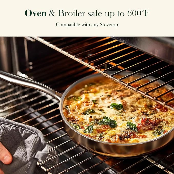 12 Inch Tri-Ply Stainless Steel Frying Pan, Frying Pan with Lid, PFOA/PTFE Free Skillet, Induction Cooking Pans, Dishwasher & Oven Broiler Safe 600F, Professional Cookware, Heavy Duty & Even Heat