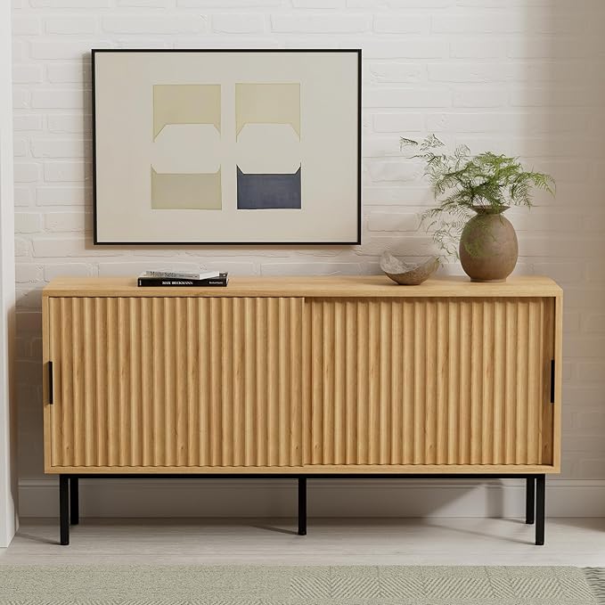 Fluted Tv Stand with Sliding Doors, 47" Modern Entertainment Center with Adjustable Shelves, Wood Media Console with Storage for Living Room, Natural Oak