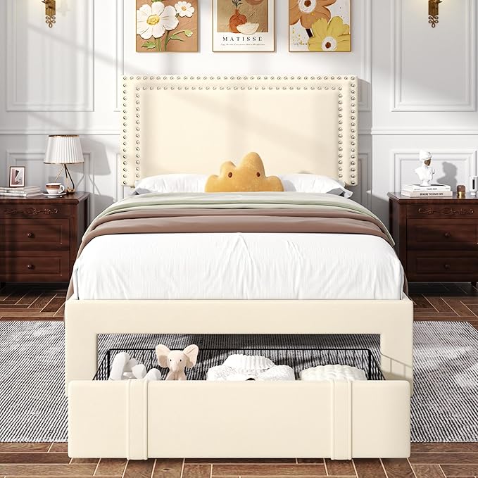 VECELO Twin Size Platform Bed Frame with Storage Drawer, Adjustable Velvet Rivet Decor Headboard, Wooden Slats Support, No Box Spring Needed, Easy Assembly
