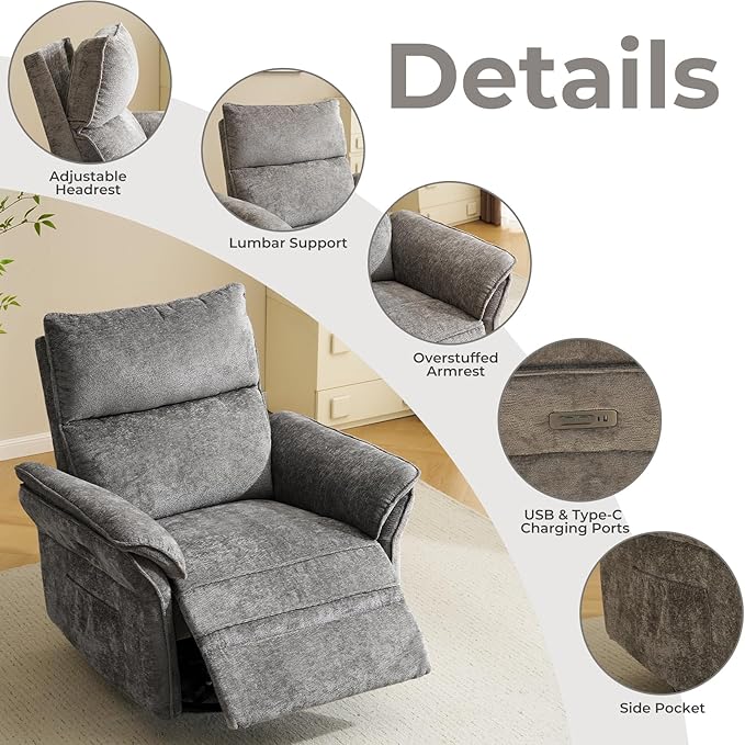 Oversized Power Recliner Chairs for Adults with Massage and Heat, Power Swivel Rocker Recliner Chair with Adjustable Headrest, 26" Extra Wide Rocker Nursery Recliner with USB Port, Dark Grey