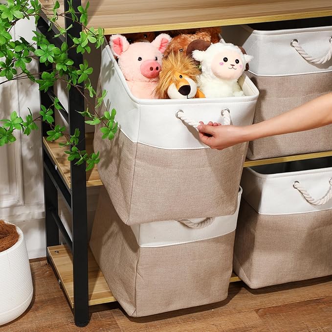 meekoo 8 Pack Collapsible Storage Bins Fabric Storage Bins Polyester Fabric Baskets with Handles Linen Closet Organizer for Shelf Home Closet Towels Toys(17 x 12 x 15 in,Beige)
