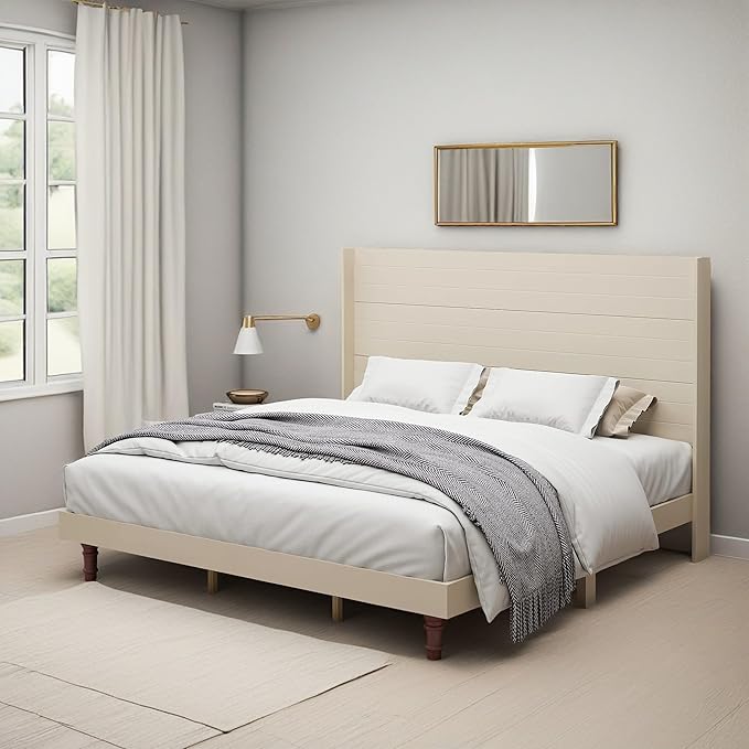 GDFStudio Tall Headboard King Size Bed,Platform Bed Frame with High Back,Wooden Slat Mattress Support No Box Spring Needed Easy Assembly Minimalist Designs 54" H Beige