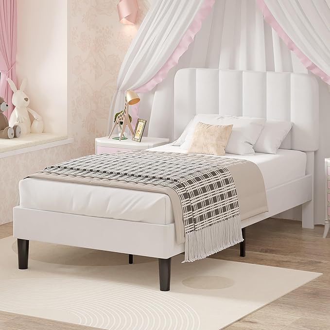 VECELO Twin Size Bed Frame with Upholstered Headboard, Velvet Platform Bedframe Mattress Foundation, Strong Wood Slat Support, No Box Spring Needed,White