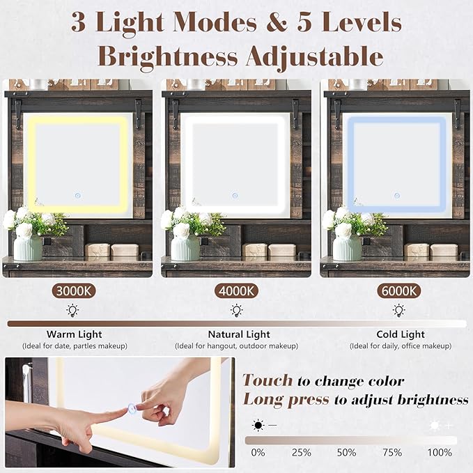 42'' Farmhouse Makeup Vanity Desk with Sliding Mirror and Lights, Glass Tabletop Vanity Table with Barn Door, 4 Drawers & Hidden Shelves, Rustic Big Vanity Women Dressing Table, Dark Oak