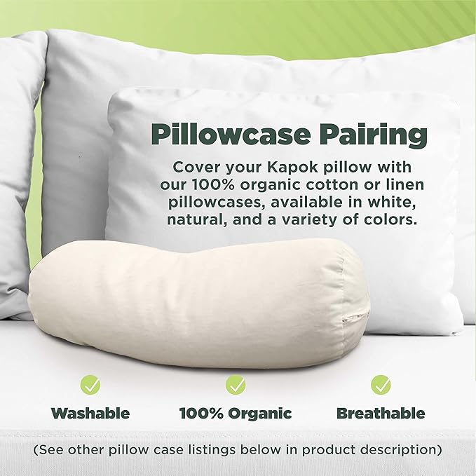 Organic Cotton Neck Roll Pillow with Pillowcase – Organic Kapok Filled Soft Neck Pillow with Hypoallergenic, Breathable Fabric Washable Protector – Supportive for Deep Sleep – Made in USA, 5" x 14"