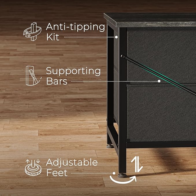 Huuger 63 Inch Long Dresser for Bedroom, TV Stand for 55, 65, 70 Inch TV, 6 Drawer Dresser for Closet with Fabric Drawers, Storage Organizer for Bedroom, Entryway, Charcoal Black Wood Grain Print