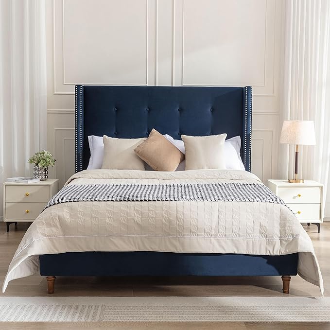 GDFStudio Tall Headboard Upholstered Bed,Queen Size Platform Bed Frame with Headboard Nailhead Trim Wingback,54" High No Box Spring Needed Easy Assembly Traditional Hand Buttoned Tufting Blue Velvet