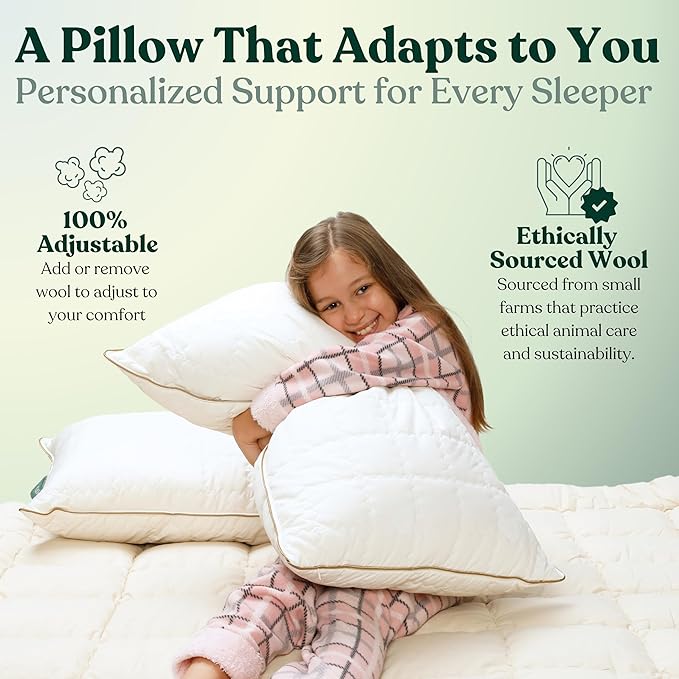 Organic Wool Pillow - Adjustable Loft for Personalized Comfort - Firm to Soft Support - Cooling & Breathable Quilted Cotton Cover - for Side, Back, Stomach Sleepers - 1 Pack (King (U.S. Standard))